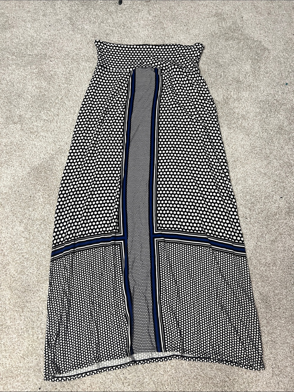 Max Studio Black and White Polka Dot Maxi Dress with Blue Stripe Detail